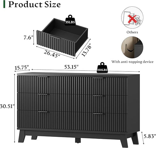 Fluted Dresser with 6 Drawers, 54" Wide Modern Chest of Drawers with Metal Handle, Wooden Dresser TV Stand, Wood Closet Clothes Storage Organizer for Bedroom, Living Room, Hallway, Solid Black
