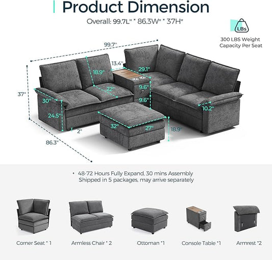 LINSY HOME Modular Sectional Couch Set, 99.7" V Shaped Cloud Sofa with Versatile Console, Chenille 5 Seater Sofa Set for Living Room, Apartment, Office, Green