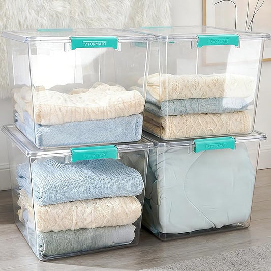 Vtopmart 4 Pack 72 QT Crystal Clear Storage Bins with Lids, 4 Pack Stackable Plastic Large Latching Boxes Totes Tubs Container for Closet Organizers and Storage, Bedroom, Clothes, Bedding