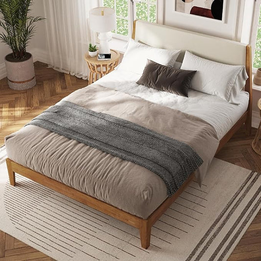 DG Casa Vandermark Solid Wood Easy Install Full Bed Frame with Unique Headboard and Wooden Slat Support Included No Box Spring Required - Beige Walnut