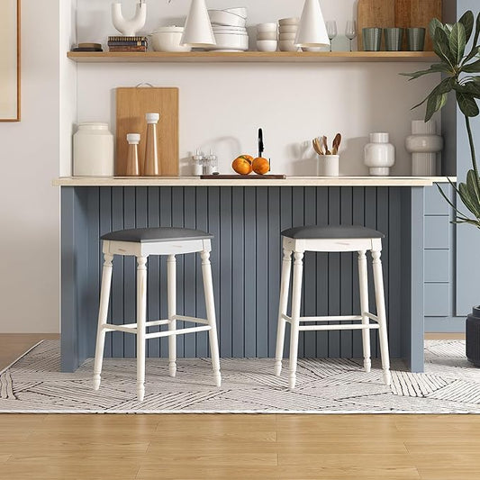 COSTWAY Upholstered Bar Stools Set of 2, 29-Inch Backless Counter Height Dining Stools with Delicate Wood Carving, Footrest, Solid Rubber Wood Frame, Farmhouse BarStools for Kitchen Island Bar, White