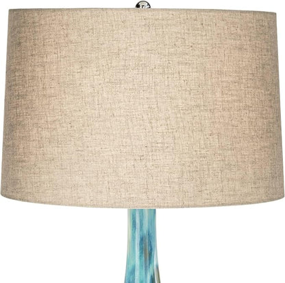 Possini Euro Design Kenya Modern Tropical Table Lamp with USB Dimmer 29 1/2" Tall Blue Green Glaze Ceramic Beige Linen Drum Shade for Bedroom Living Room House Home Bedside Nightstand Office Family