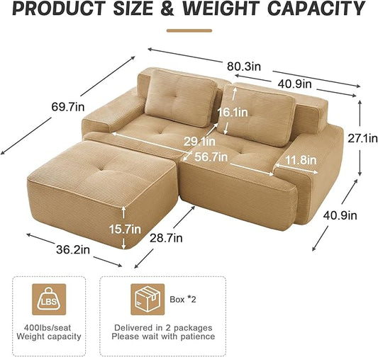 80.3” Camel Boneless Couches for Living Room, Modular Sectional Sofa with L-Shape Chaise, 2 Seater Comfy Upholstered Loveseat Deep Seat Corduroy Fabric Cloud Couch No Assembly, Anti-Slip Design