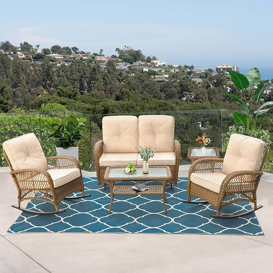 VIVIJASON 5-Piece Outdoor Patio Wicker Conversation Sets, All Weather Outdoor Rattan Furniture Set Includes Glider Loveseat, 2 Coffee Table, 2 Rocking Chairs with Cushions for Backyard, Light Brown