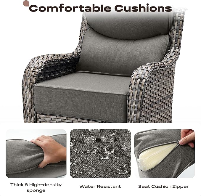 Rilyson Outdoor Wicker Patio Furniture Set - 4 Piece Patio Conversation Set with Swivel Rocker Chairs and Ottomans, 6 inch Cushions, High Back, Deep Seating, for Porch Deck Garden Mixed Grey/Grey