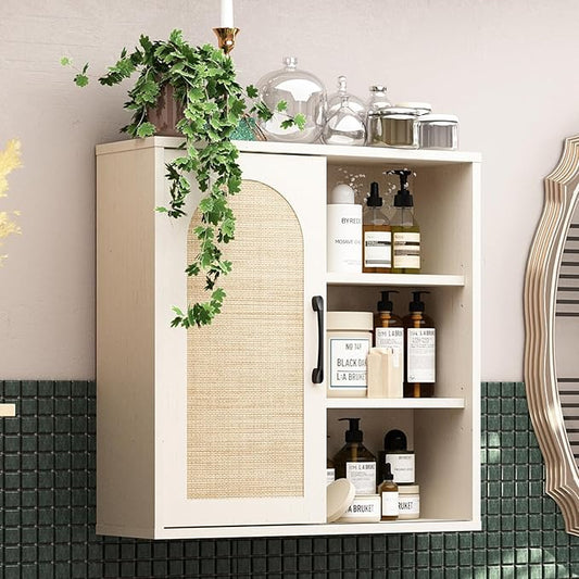 RUSTOWN Boho Rattan Wall Cabinet, Midcentury Bathroom Cabinet with Sliding Door, Adjustable Shelves, Over The Toilet Storage Cabinet (Vintage White)