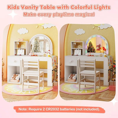 Costzon Kids Vanity, Girls Vanity Set with Lighted Mirror, Bookshelf, Drawer, Storage Cabinet & Shelves, Toddler Makeup Vanity Desk Dressing Table, Wooden Kids Vanity Table and Chair Set (White)