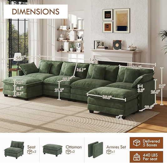 WorthFurni 146” Oversized Modular Sectional Sofa, U Shaped Cloud Couch Set, 4-Seater Comfy Chenille Couches with 2 Movable Ottomans, DIY Combination for Living Room (Green)