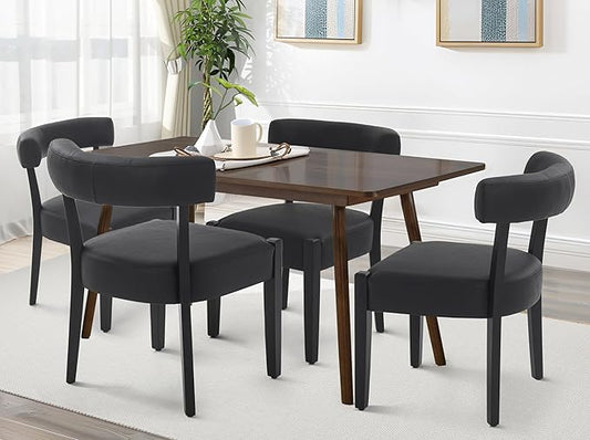 Modern Black Dining Chairs Set of 4, Faux Leather Upholstered Kitchen & Dining Room Chairs, Mid Century Modern Wooden Dining Chairs Oversized Sturdy Rounded Chairs Curved Back