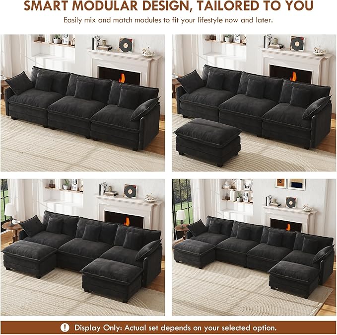 WorthFurni 146” Oversized Modular Sectional Sofa, U Shaped Cloud Couch Set, 4-Seater Comfy Chenille Couches with 2 Movable Ottomans, DIY Combination for Living Room (Black)