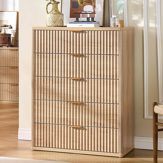 LEYAOYAO Fluted 5 Drawers Dresser for Bedroom, 41" Tall Modern Chest of Drawers with Metal Handle for Bedroom, Living Room, Hallway, Entryway