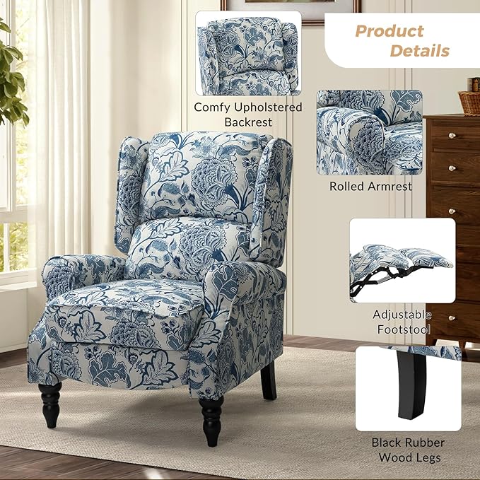 HULALA HOME Upholstered Wingback Recliner Chair Set of 2, Small Adjustable Footrest Push Back Single Reclining Sofa, Mid Century Modern Lounge Armchair for Living Room, Bedroom, Reading/Jacobean