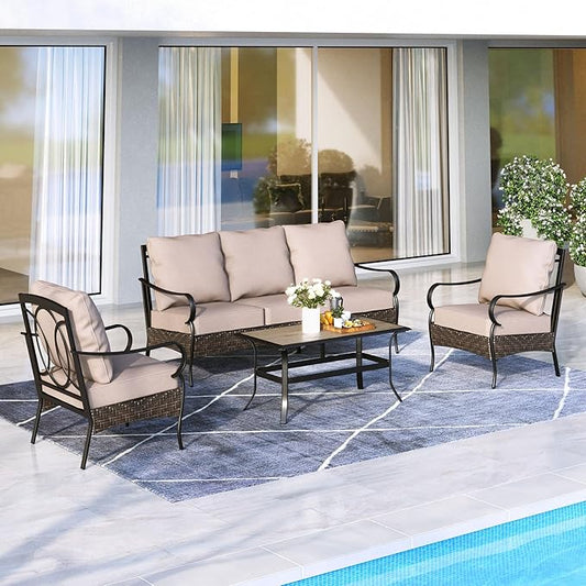 MFSTUDIO Outdoor Patio Furniture Set, 4 PCS Heavy-Duty Metal Patio Conversation Sets for 5, Patio Sectional Sofa Set with High Back 3-Seat Sofa, 2 Fixed Chairs, 1 Coffee Table, 5.5" Thicken Cushions