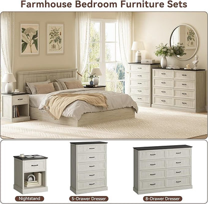CARPETNAL Farmhouse Dresser and Nightstand Sets for Bedroom, 4 Pcs Bedroom Set, 5 Drawer & 8 Drawer Dresser and Nightstand Set of 2, Wood Chest of Drawers for Living Room, Entryway, White