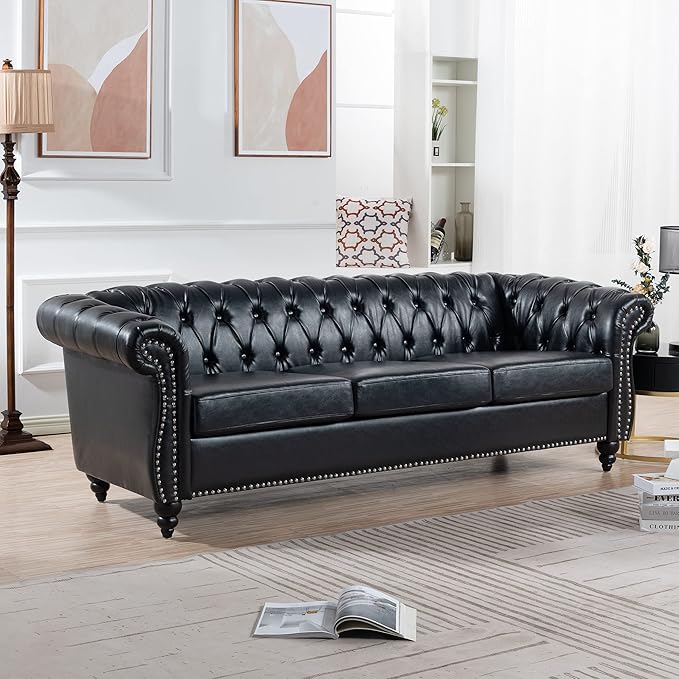 Home Sofa Living Room Furniture, 3 Seater Leather Upholstered Sofa Couch, Modern Comfy Couch with Faux Leather Cushions, Mid Century Tufted Chesterfield Sofas for Bedroom, Office, Apartment (Black)