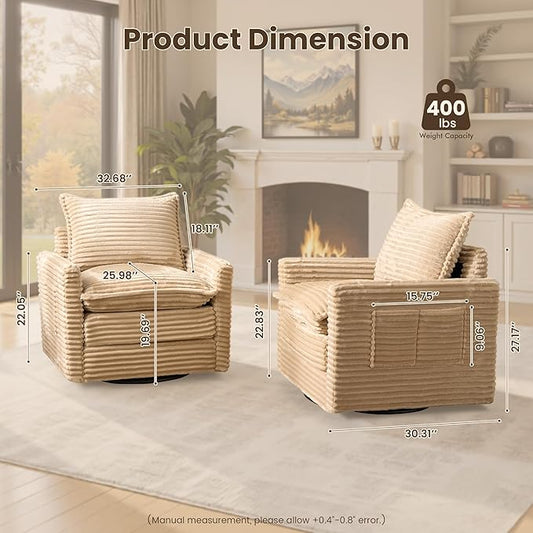 Swivel Accent Chair Set of 2, Modern Sofa Chairs for Living Room, Plush Upholstered Cloud Chair with Double Layer Thick Cushions, Bedroom Reading Nook Armchair, Beige