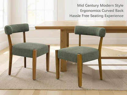 Modern Green Dining Chairs Set of 2, Walnut Upholstered Kitchen & Dining Room Chairs, Mid Century Modern Wooden Dining Chairs Oversized Sturdy Fabric Rounded Chairs Curved Back