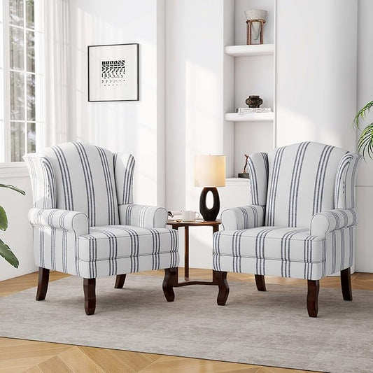 Accent Chair Set of 2, High Back Upholstered Armchair with High Resilience Sponge & Wood Legs, Mid-Century Modern Comfy Single Sofa Reading Chairs for Living Room, Bedroom-Stripe Navy