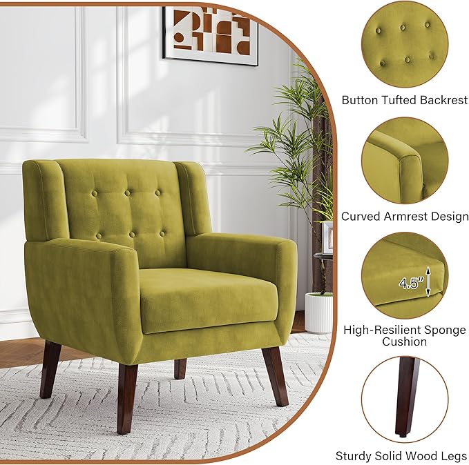 Lumibee Accent Chair, Modern Velevet Armchair for Living Room, Comfy Upholstered Arm Chair Tufted for Indoor Bedroom Office Room (Green Velvet)