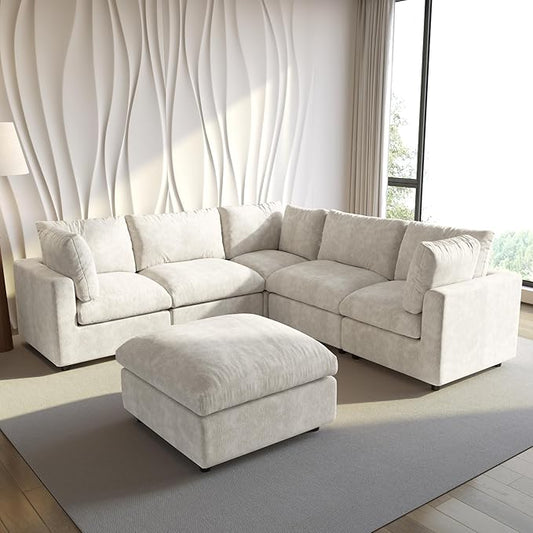 WJShome Cloud Couch Modular Sectional Sofa,100.5" V Shaped Couch, Convertible Wide Seater with Ottoman, 6 Seater for Living Room Set,Covers Washable&Replaceable,Beige