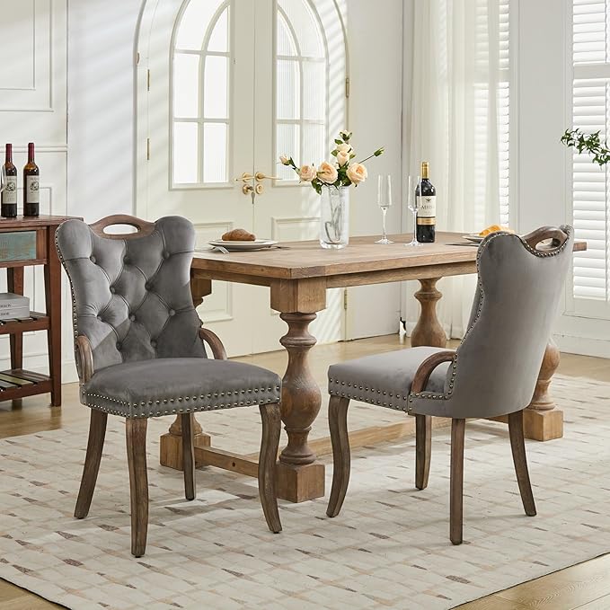 Velvet Dining Chairs Set of 2, Solid Wood Handles, Wooden Upholstered Dining Chair, Vintage Copper Nail Decoration, Mid Century Modern Kitchen Chair (Grey, Set of 2)