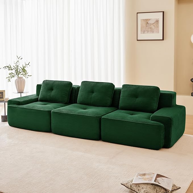 115.3” Green Boneless Couches for Living Room, Modular Sectional Sofa, 3 Seater Comfy Upholstered Deep Seat Corduroy Fabric Cloud Couch No Assembly, Anti-Slip Design