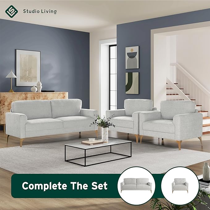 Studio Living® Matthew 75.6" Sofa, Mid-Century Modern, Pocket Coil Comfort, Metal Brushed Bronze Legs, Chenille Fabric, Ivory