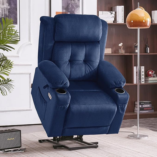MCombo Medium Triple Motor Power Lift Recliner Chair with Massage and Heat for Elderly People, Adjustable Headrest, Infinite Position, USB Ports, Fabric 7661 (Navy Blue, Medium)