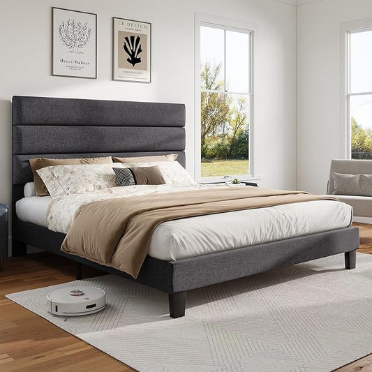 AMERLIFE Full Size Bed Frame with Linen Upholstered Headboard, Modern Platform Bed with Wooden Slats Support, Noise-Free, No Box Spring Needed, Easy Assembly, Grey