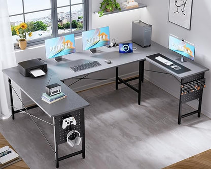 Pamray 71 Inch Large Computer Desk with Power Outlets,U Shaped Corner Desk for Home Office Work and Gaming Grey