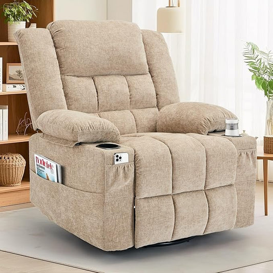 360° Rotating Adult Rocking Recliner, Baby Room Glider with Massage and Heating Functions, Rocking Chair with Cup Holder, Manual Recliner for Living and Bedroom (Fabric, Khaki)