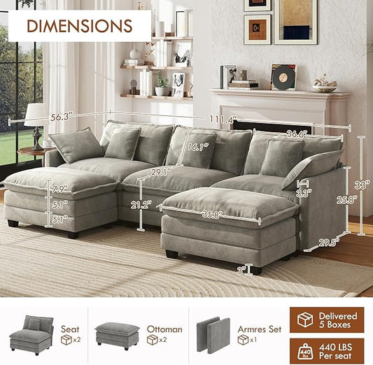 WorthFurni 111.4” Modular Sectional Sofa, U Shape Cloud Couch with 2 Movable Ottoman, Comfy Chenille Deep Seat Sofa with Soft Pillows for Apartment Living Room Bedroom（Grey）