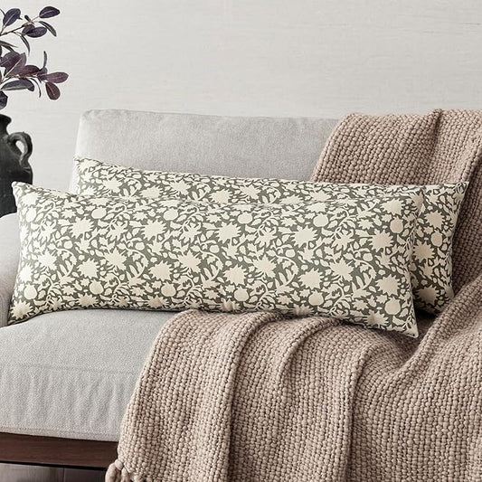 Foindtower Set of 2 Decorative Floral Long Body Lumbar Throw Pillow Covers Accent Farmhouse Cushion Cover Neutral Pillowcase for Couch Sofa Bedroom Living Room Home Decor,14×36 Inch,Sage Green