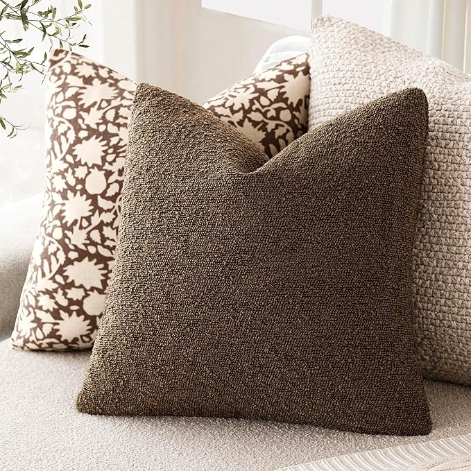 Foindtower Set of 2, Decorative Textured Boucle Throw Pillow Covers Accent Solid Pillow Cases Neutral Soft Couch Cushion Case for Chair Sofa Bedroom Living Room Home Decor 26x26 Inch Chocolate
