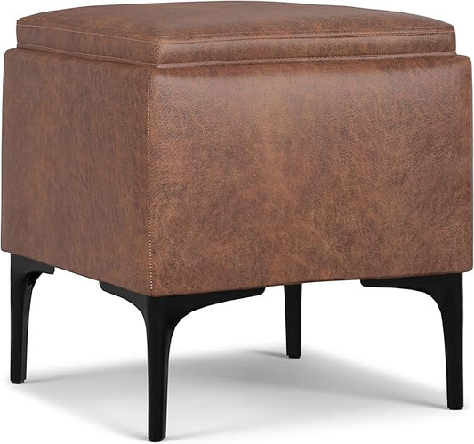 SIMPLIHOME Natasha 18 inch Wide Contemporary Square Mid Century Storage Ottoman with Tray in Distressed Saddle Brown Vegan Faux Leather, Assembled, For the Living Room, Entryway and Family Room
