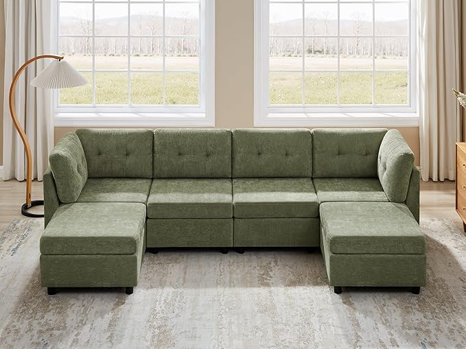 VANOMi 4 Seater Cloud Couches for Living Room with 2 Ottomans, 118" Modular Sectional Sofas & Couches, Comfy Chenille Cloud Sectional Couch Sofa for Apartment, Office, Green, U Shaped