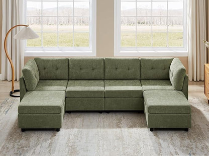 VANOMi 4 Seater Cloud Couches for Living Room with 2 Ottomans, 118" Modular Sectional Sofas & Couches, Comfy Chenille Cloud Sectional Couch Sofa for Apartment, Office, Green, U Shaped