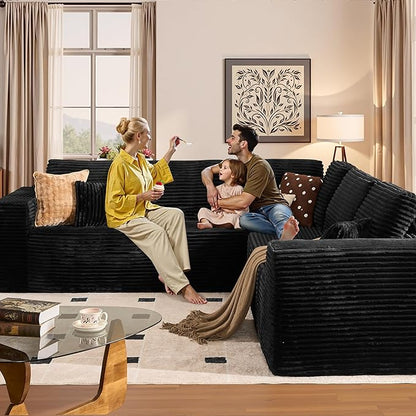 Weaxty Boneless Sectional Couch, Oversized L Shaped Modular Cloud Couches, Plush Corduroy Memory Foam Deep Seat Floor Sofa, No Assembly Required，Black
