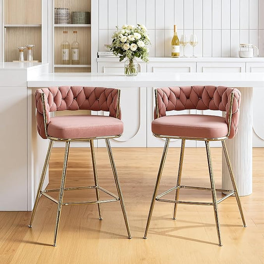 VECELO Bar Stools Set of 2, Counter Height Bar Stools, 26 inch Seat Barstools with Woven Back and Footrest for Kitchen Island Counter, Pink