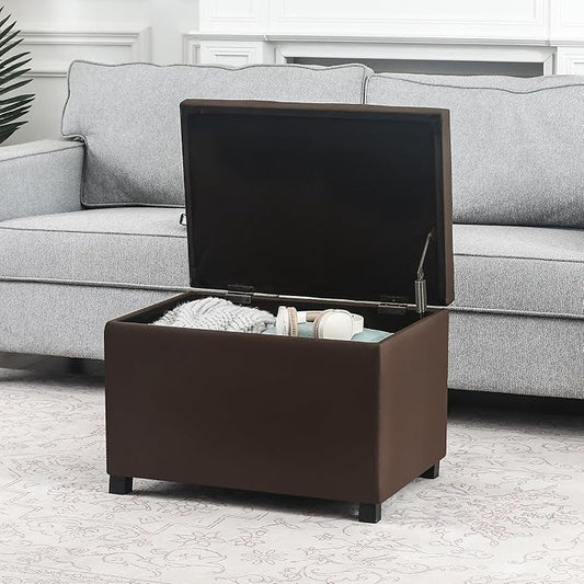 Asense 24'' Small Square Ottoman with Lift Off Lid, Storage Cube Leather Ottoman for Foot Rest, Footstool for Dorm, Living Room, Bedroom,Espresso Brown