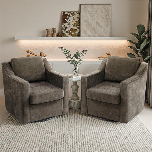 Pia Ricco 2-Pack Plush Oversized Chenille Fabric Swivel Accent Chairs with Removable Covers, Living Room Reception Bundle Set,Night Brown Black