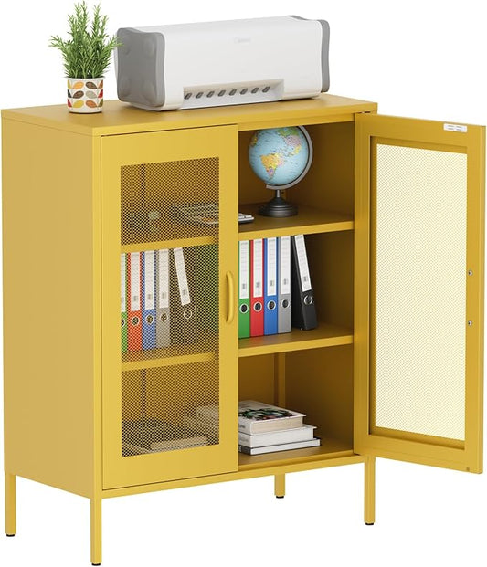 Metal Storage Cabinet with Mesh Doors,Steel Display Cabinet with Adjustable Shelves,Metal Office Storage Locker for Home Office,Garage(Yellow, 40''H)