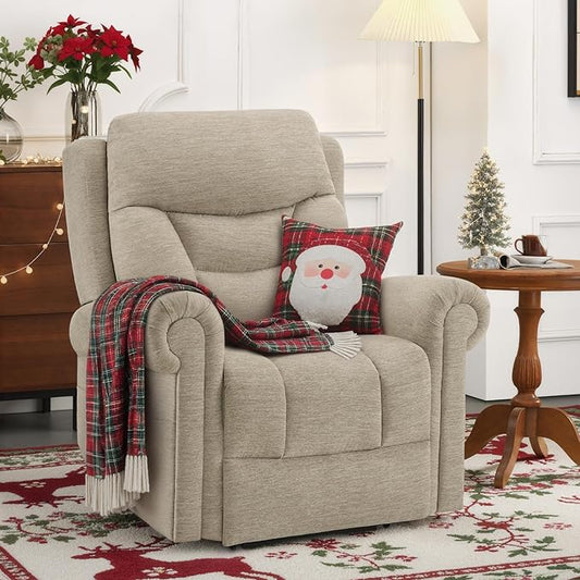 MCombo Triple Motor Power Lift Recliner Chair with Massage and Lumbar&seat Heating, Rolled Arms, Adjustable Headrest for Elderly People, Fabric 7888 (Beige, Medium)