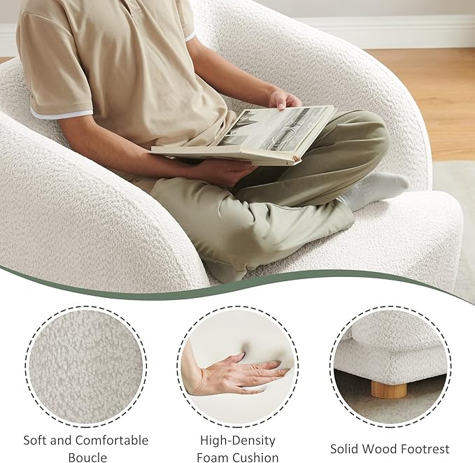 VANOMi Oversized Living Room Chair, Modern Comfy Accent Barrel Chairs, Single Sofa Chair with Wood Legs, Upholstered Armchair for Bedroom, Office, Waiting Room (White)