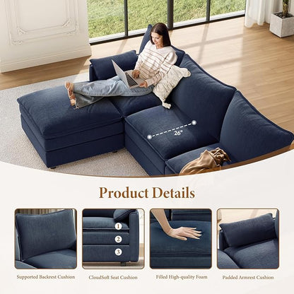 Vesgantti Large Modular Sectional Sofa, Big Comfy Cloud Couch with Ottoman Deep Seat Chenille Cloud Sofa, 9 Seater Large Sectional Couches for Living Room, Bedroom and Apartment, Blue