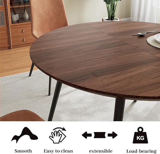43.3"-59.1" Extendable Round Dining Table Set for 4, Mid Century Modern Wooden Round Table, Leisure Coffee Table,w/ 4 PU Leather Chairs