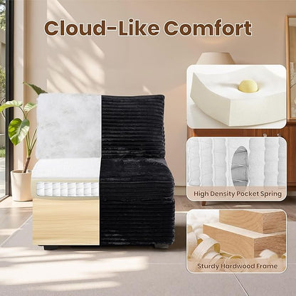 32.7'' Middle Seat for Modular Sectional Sofa, Deep Seat Upholstered Armless Chair Sleeper Sofas, L/U/V Shaped Plush Corduroy Cloud Couch for Living Room Apartment, Black