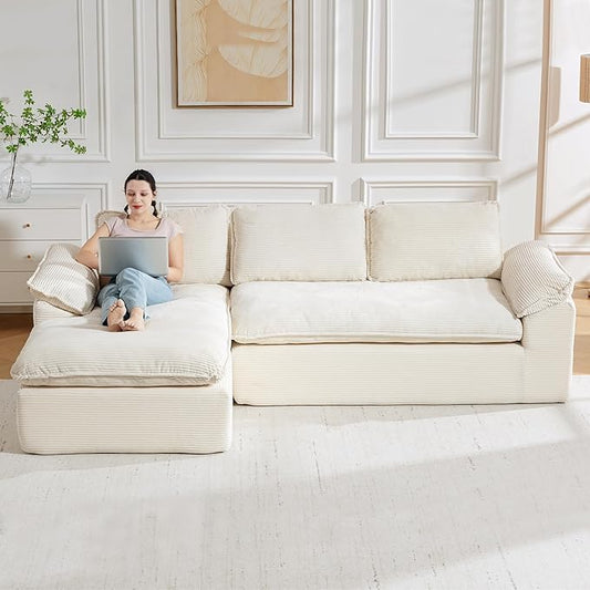 Modular Sectional Sofa, 107.5" L-Shaped Boneless Couch with Deep Seat, Modern Minimalist Upholstered Cloud Sectional Couch for Living Room Bedroom, No Assembly Required, Beige Corduroy