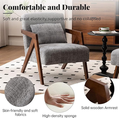 Mid-Century Modern Accent Chair with Solid Wood Frame，Upholstered Chenille Living Room Arm Chairs with Pillow for Bedroom, Living Room, Reading Room, Balcony, Grey