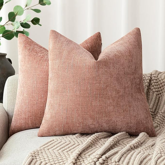 Foindtower Pack of 2 Textured Chenille Throw Decorative Pillow Covers Square Accent Solid Cushion Cover Neutral Farmhouse Pillow Case for Couch Sofa Bedroom Living Room 16x16 Inch,Dusty Pink
